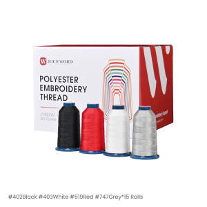 Richword Polyester Embroidery Thread Box – 60 Rolls (Black, White, Red & Grey) – 40wt 4000m