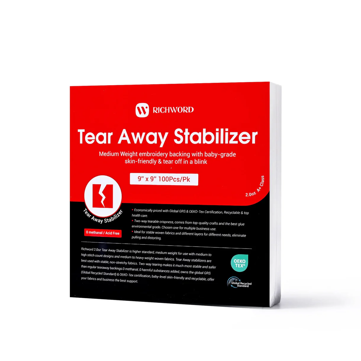 Richword Tear Away Embroidery Stabilizer – Rolls & Pre-Cut Sheets 5 Richword Tear Away Stabilizer Sheets 9" x 9" – Medium Weight 2.0 oz